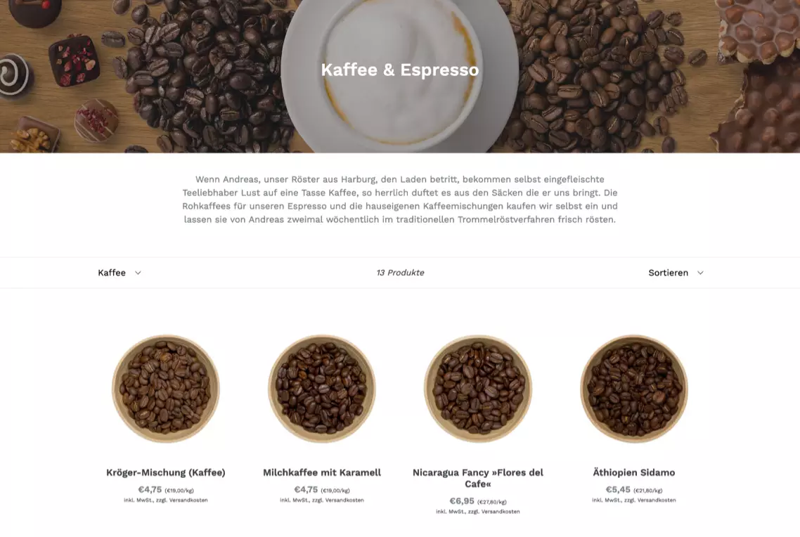 Detailaufnahme des Claus Kröger Onlineshops im Bereich Kaffee & Espresso