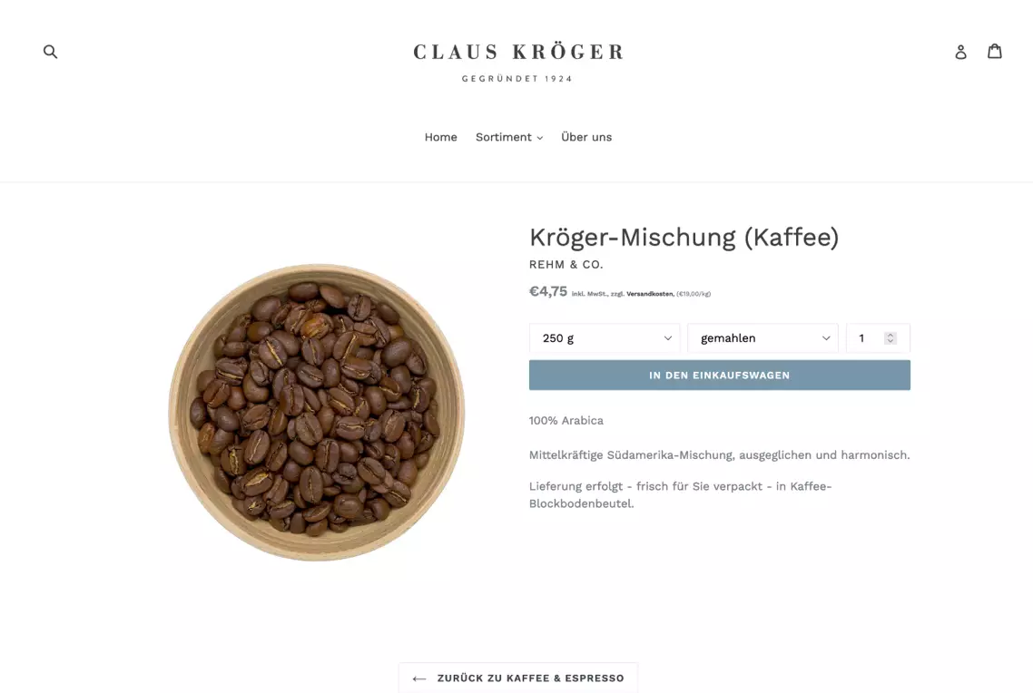 Detailaufnahme des Claus Kröger Onlineshops, Produktdetails