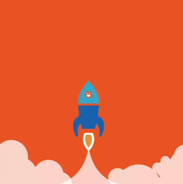 Eine Illustration einer blauen Rakete mit einem lächelnden Gesicht, die gerade auf einer Rauchspur startet, vor einem orangefarbenen Hintergrund, der Aufbruch und Optimismus darstellt.