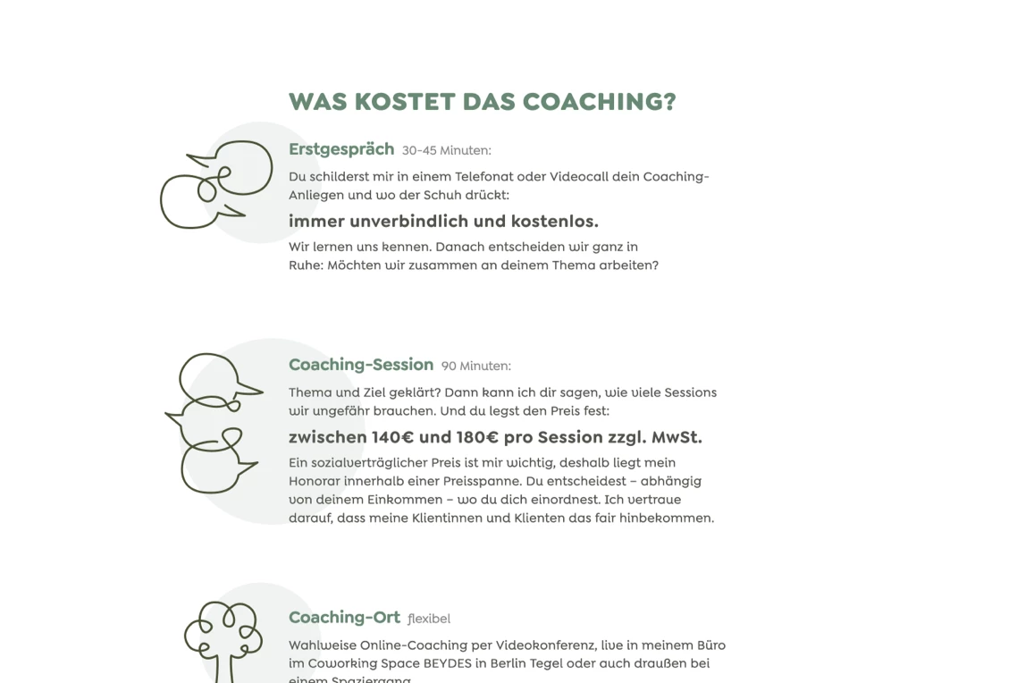 Screenshot mit Ausschnitt der Website "Leane Zaborowski Coaching" zu Kosten des Coachings, untermalt mit One-Liner-Illustrationen