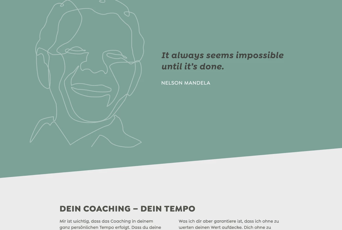 Screenshot mit Ausschnitt der Website "Leane Zaborowski Coaching" mit einer Abbildung des Gesichts von Nelson Mandela in Form eines One-Liners